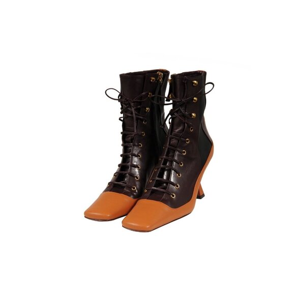 Manu Atelier Womens Duck Lace Up Boots US 7 EU 37 Brown Leather Square Toe - Picture 3 of 10